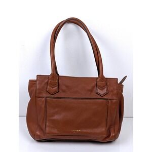 Lauren Ralph Lauren Pebbled Leather Tote Bag Cognac Brown Gold Hardware Zip Top
